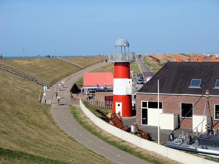 lighthouse, netherlands, coast, blue sky, zealand, sea, water