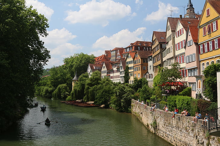 Tübingen, város, óváros, történelmileg, Neckar, folyó, Bank