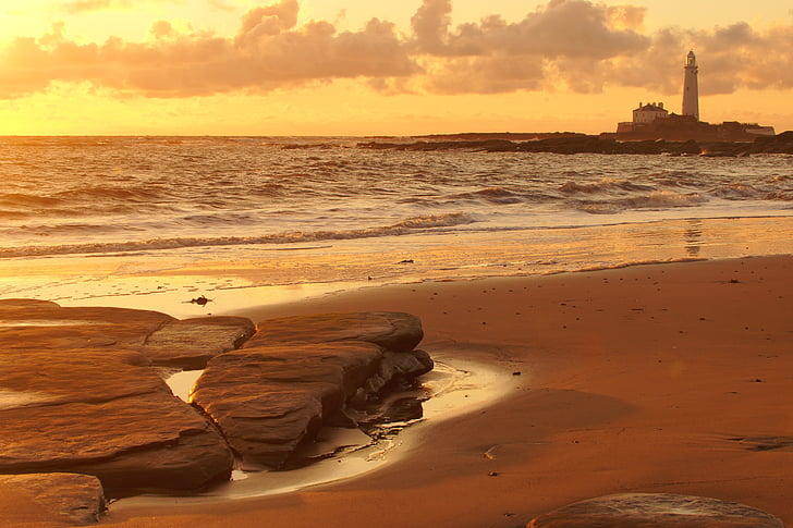 Lighthouse, St marys fyr, whitley bay, Sand, solnedgång, naturen, havet