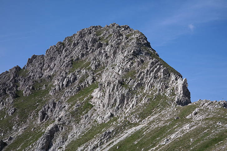 ανωμάλου, Κέρας, βουνό, Σύνοδος Κορυφής, κορυφογραμμή, τεντωμένο σχοινί περπάτημα, στις Άλπεις Allgäu, μεθοριακή περιοχή