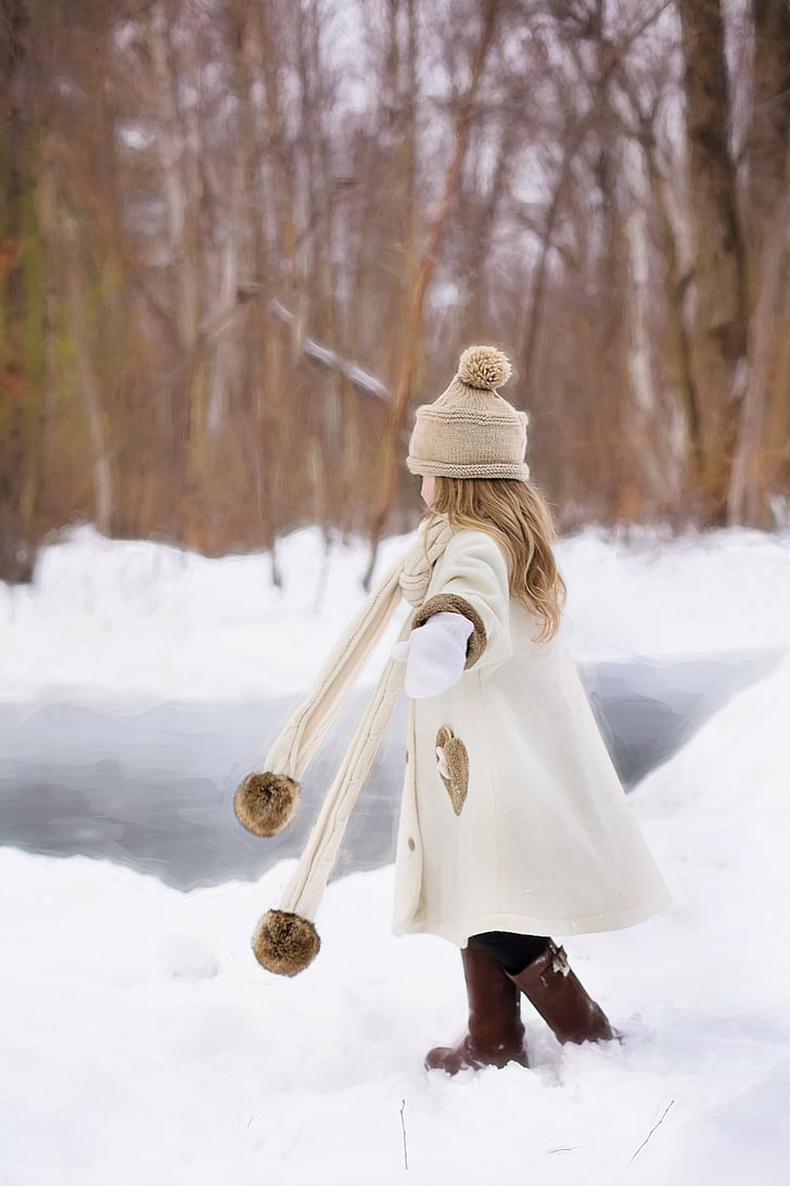 girl, beige, coat, walking, Winter, Snow, Happiness