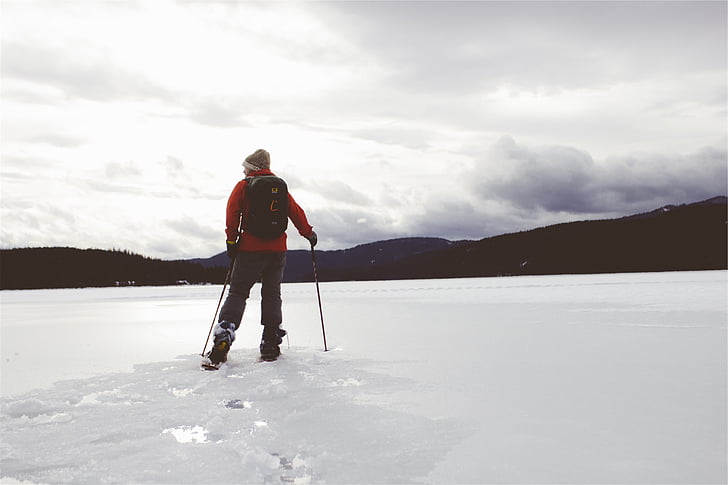 πρόσωπο, χρησιμοποιώντας, σκι, λεπίδα, πόλο, χιόνι, το πεδίο