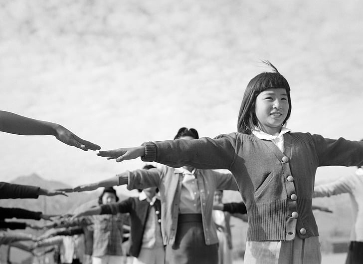 noia, nens, Manzanar, la Segona Guerra Mundial, blanc i negre, 2 ª Guerra Mundial, Segona Guerra Mundial