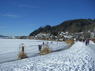 salto en el lago, Lago, Allgäu, invierno, Skate, excursión nieve, nieve