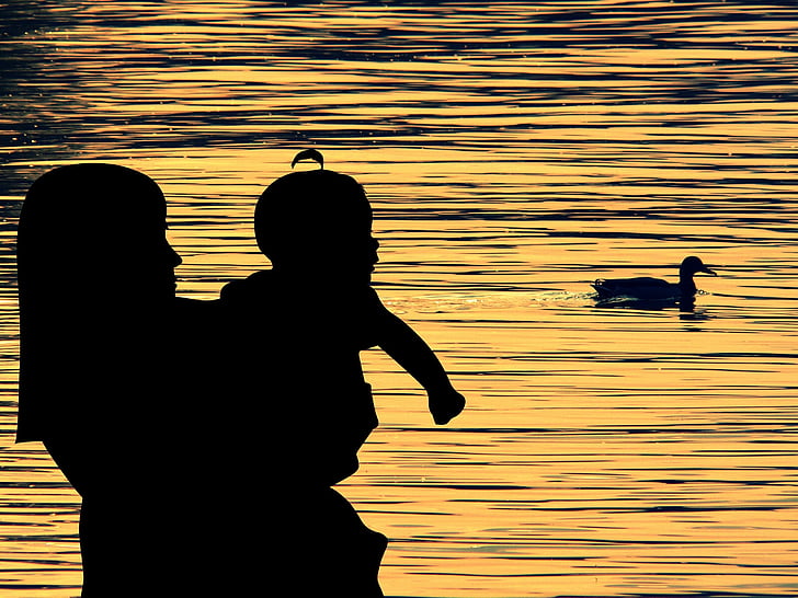 mother child, silhouette, lake, duck, sunset
