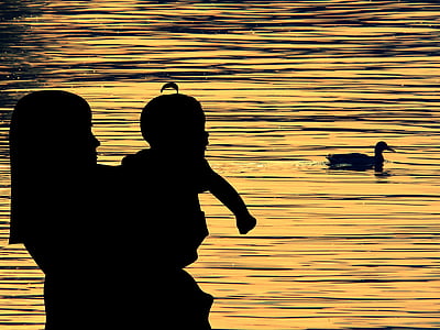 mor barn, silhuett, Lake, Duck, solnedgang