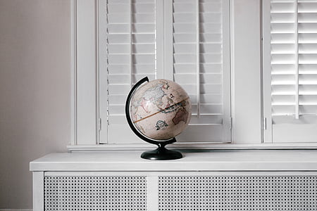 skrivbord, Globen, skåp, topp, världen, fönsterluckor, karta
