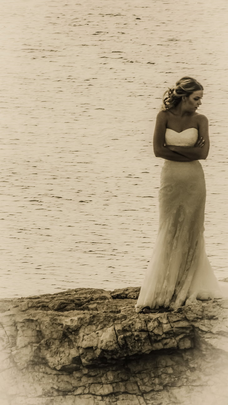 woman, rock, sea, dress, romantic, vintage, wedding