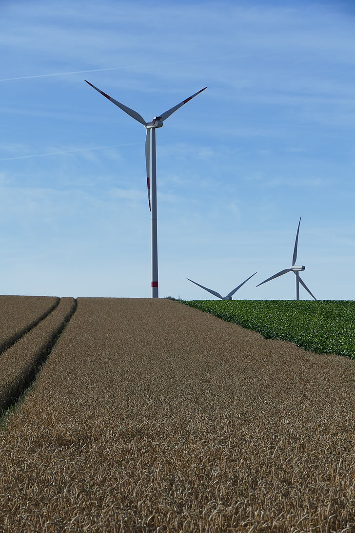 nature, vision, wind turbines, rotors, field, arable, cereals