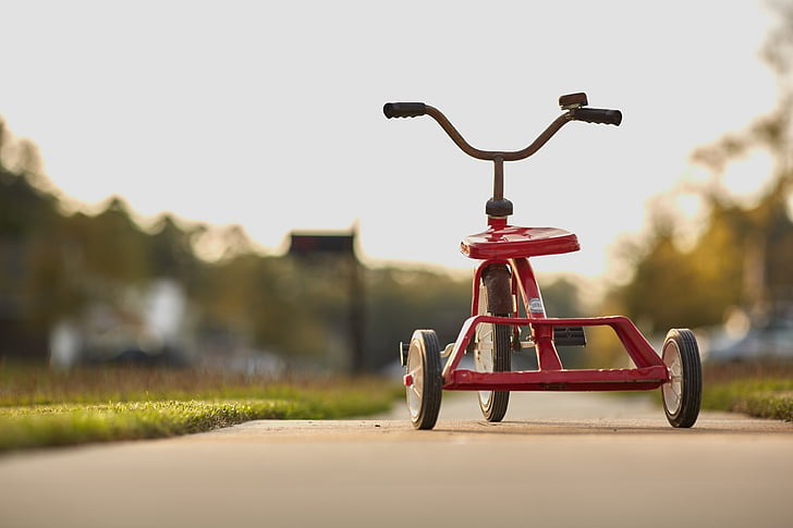 tricikel, rdeča, otroštvo, igrača, zabavno, vožnja, retro