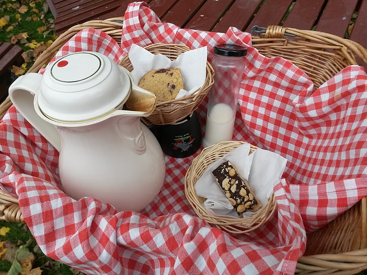 Coffee-break, cesta, café, padrão verificado, toalha de mesa, comida e bebida, leite