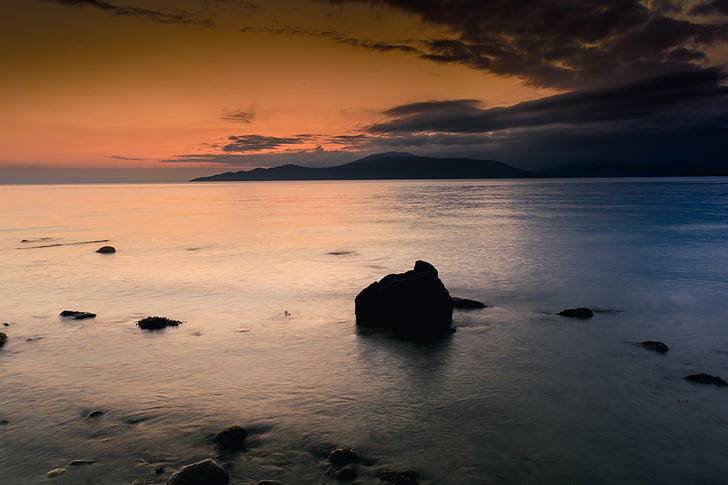 coucher de soleil, tombée de la nuit, Sky, nuages, roches, eau, océan