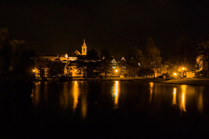 pfullendorf, city, night photograph, long exposure, lake, lake park, kirch