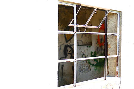 ablak, üveg, törött, megsemmisült, graffiti, arc, régi