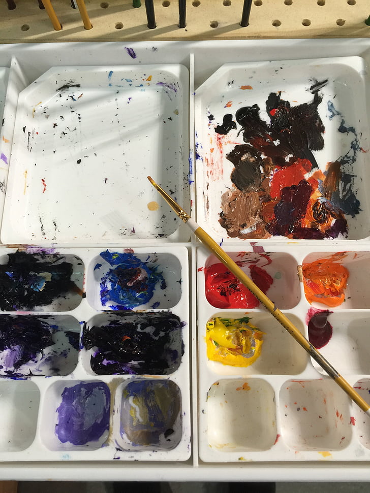 artist palette, artist paint, brush and paints, bright colors
