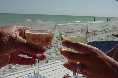シャンパン, ビーチ, 砂, トースト, 愛, 結婚, 新婚旅行