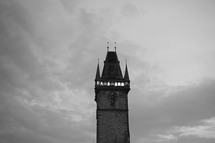 veža, Praha, čierna a biela, Architektúra, hodiny, kostol