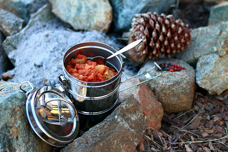 stew, camping, outdoor cooking, stainless steel, pine cone, pine nuts, potatoes