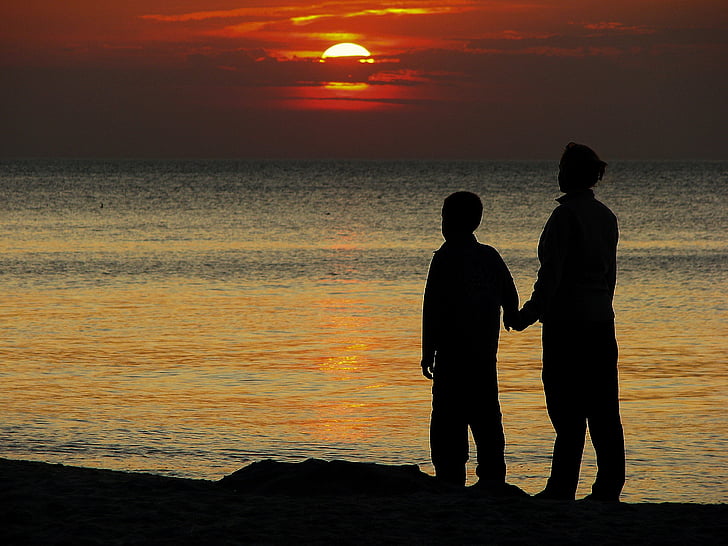 zalazak sunca, more, Baltičko more, obliku, ljudi, obitelj, majčinstvo