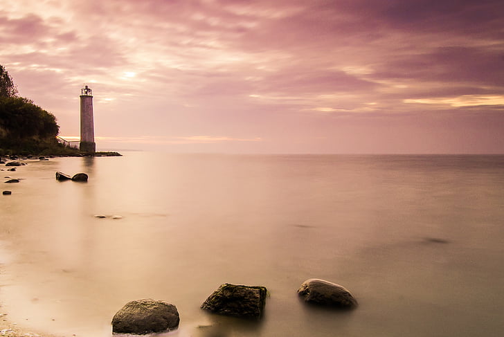 lighthouse, sunset, rügen, lighting, sea, nature, water