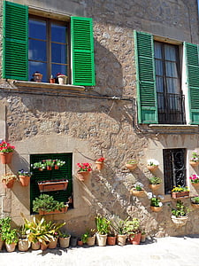 mallorca, building, window, shutters, green, old, house