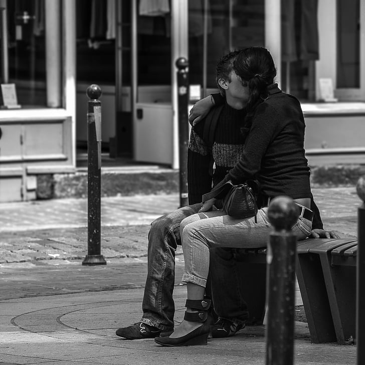 kiss, in love, couple, love, public bench, street