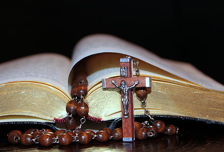 cross, rosary, prayer book, gold edge, pages, christianity, faith