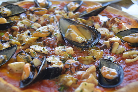 pizza, food, cheese, seafood, mussels, tomato, meal