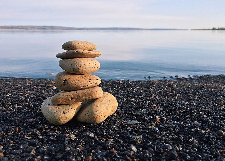 rocks, stacked, balance, shore, beach, outdoor, stone