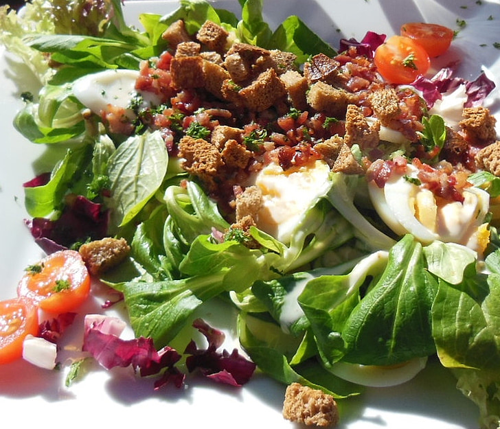 Salad, ăn, cà chua, quả trứng, thịt xông khói, Frisch, khỏe mạnh