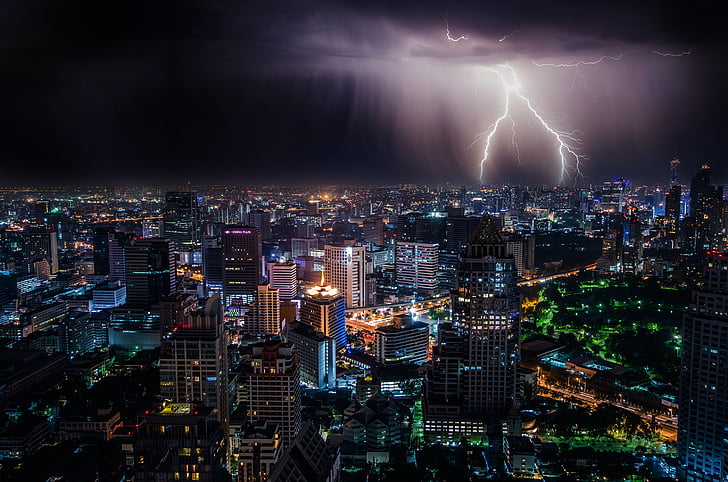 buildings, city, lights, night, storm, thunder, thunderstorm