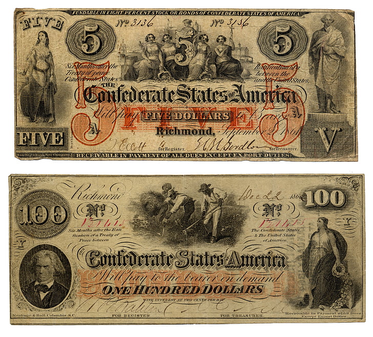 směnky, Konfederační státy Ameriky, Dolar, bankovky, Měna, papírové peníze, 1862