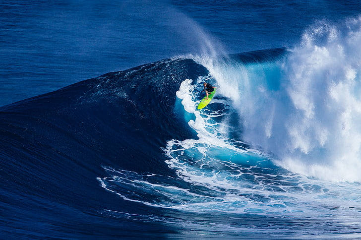 снимка, мъж, сърфинг, голям, вълна, океан, вода