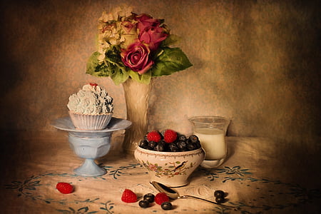 still-life, blueberries and cream, table setting, fruit, food, red, freshness