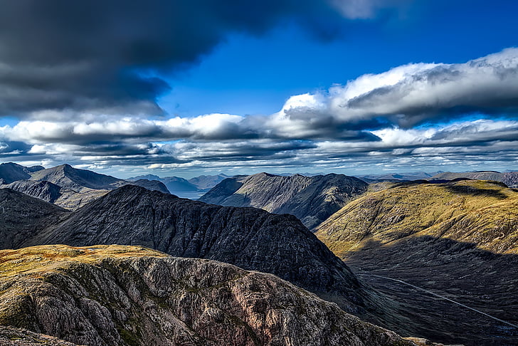 Glen coe, Škotska, nebo, oblaki, Velika Britanija, krajine, gore