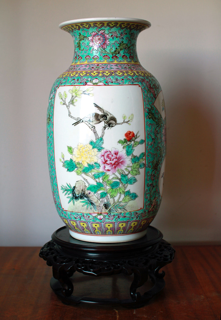 xinès, porcellana, Gerro, Xina, ocells, flors, decoració