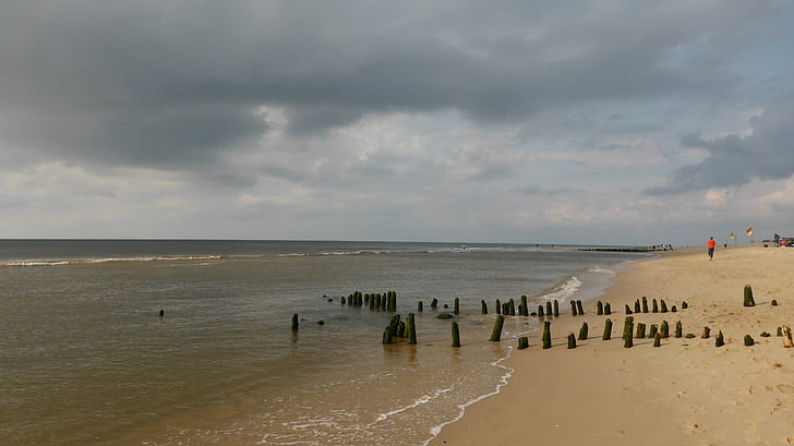 beach, groynes, north sea, clouds, sea, sand, england
