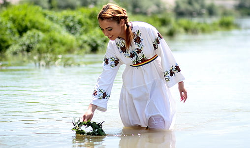 Flicka, bonde kvinna, tradition, vatten, kostym, DRAGAICA, Rumänska