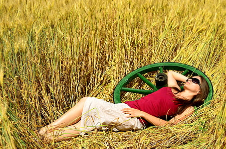 阳光, 年轻的女孩, 女士, 漂亮, 夏季, 小麦, 休息