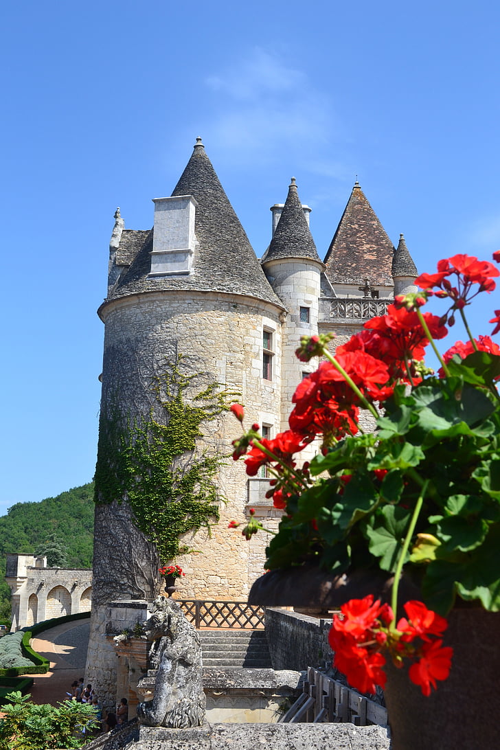Castle, a Chateau des milandes, reneszánsz, torony, Dordogne, Franciaország, Aquitánia