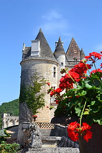 slott, Chateau des milandes, renässansen, tornet, Dordogne, Frankrike, Aquitaine