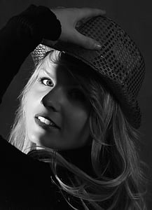 black-and-white, face, female, girl, hat, model, person