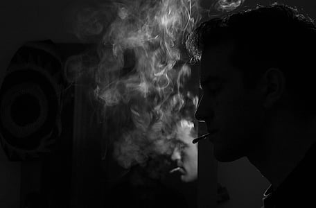 svartvit, cigarett, mannen, spegel, person, reflektion, siluett
