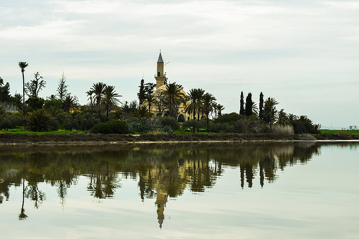 Cyprus, Larnaca, Hala sultan tekke, zoutmeer, reflecties, moskee, Ottomaanse