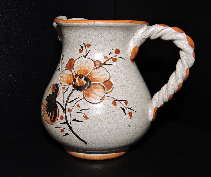 Amphora, vase, terracotta, blomst, sort baggrund