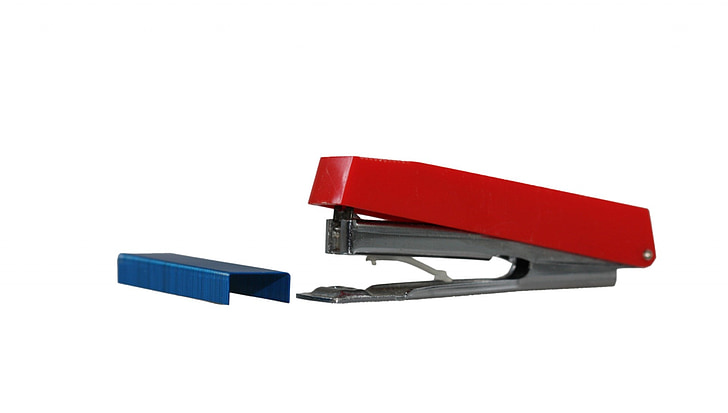 stapler, staples, red, isolated, white, background, office equipment