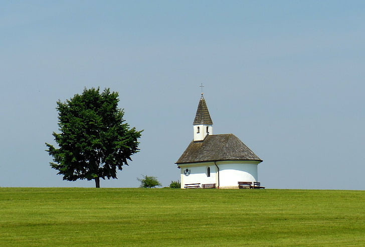 kapela, Chiemgau, drevo, idila, modro nebo, hiše čaščenja, travnik
