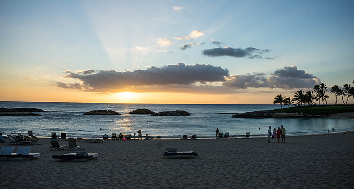 solnedgang, Hawaii, solstråler, folk, person, stranden, hav