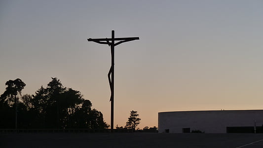 pôr do sol, silhueta, crucifixo, estátua, Fátima, Portugal