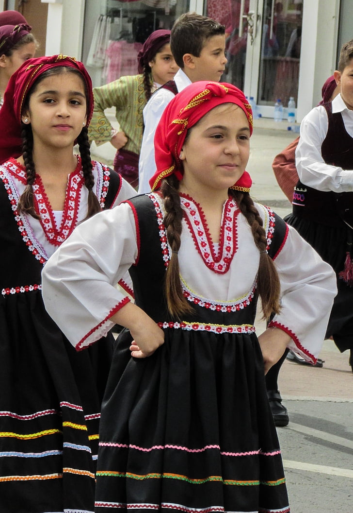 gresk uavhengighetsdag, parade, barn, marsjerende, tradisjonelle, drakt, Kypros